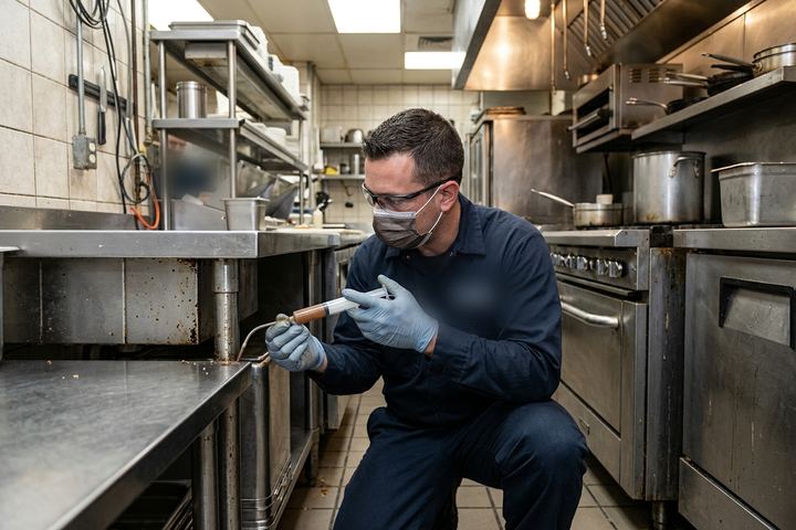 Técnico aplica puntos de gel cebo en la junta de una mesa de acero inoxidable de una cocina profesional