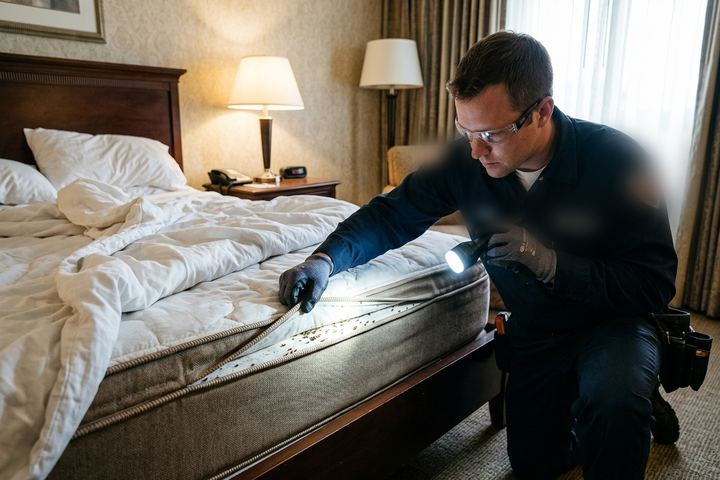 Técnico levanta la ropa de cama e ilumina la costura del colchón, donde se ven manchas fecales y ejemplares de chinche
