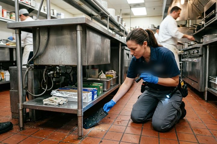 Técnica retira una trampa de monitoreo bajo una mesa de acero inoxidable mientras la cocina sigue en servicio