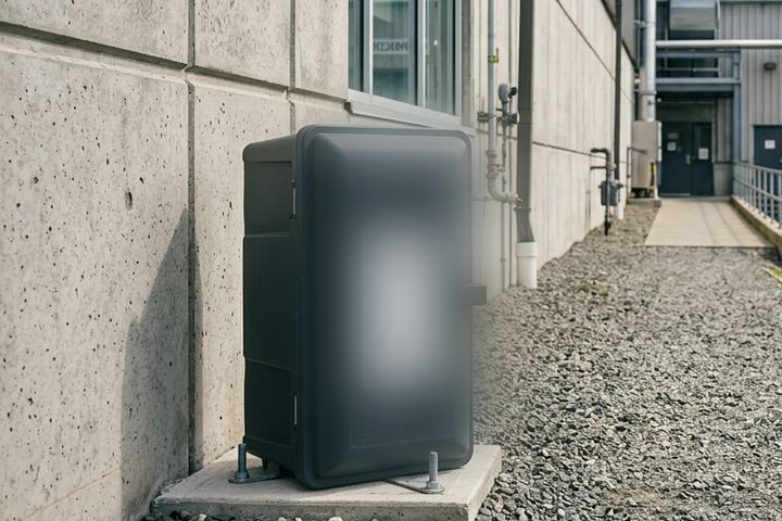 Estación portacebo anclada a la fachada de hormigón en el perímetro exterior de una planta de alimentación