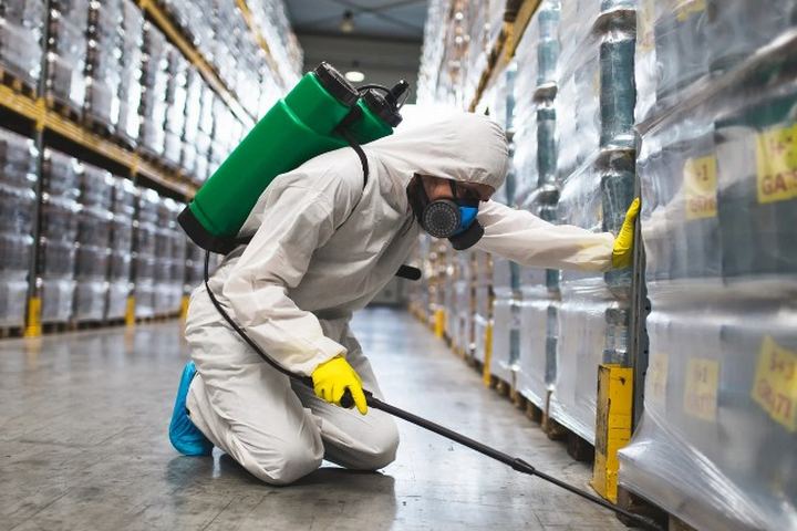 Aplicador con buzo, máscara de filtros y equipo de mochila trata el suelo entre dos filas de palés retractilados de un almacén