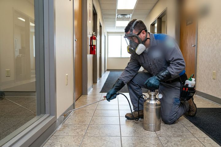Aplicador con equipo de protección respiratoria pulveriza el perímetro de un pasillo con una lanza de precisión