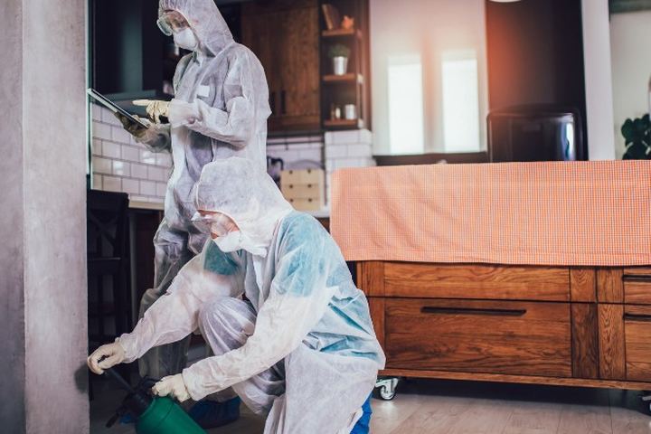 Dos técnicos trabajan en una vivienda: uno anota los hallazgos en una tableta mientras el otro revisa el encuentro del mueble con la pared