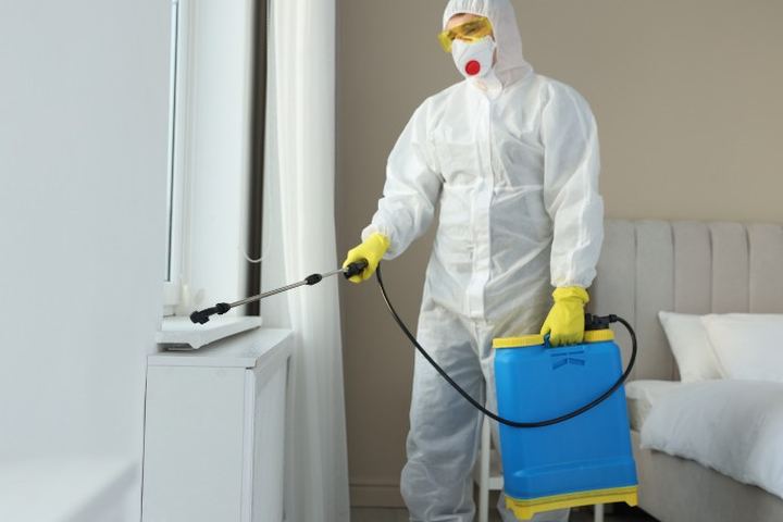 Aplicador con buzo blanco y mascarilla trata con lanza el marco de la ventana de un dormitorio con la cama hecha